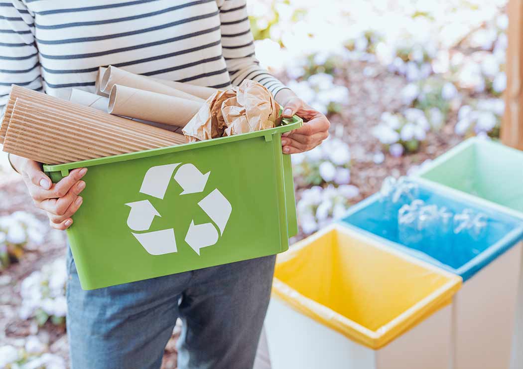 Photo d'une personne qui porte un bac de tri vert où il y est déposé du carton et collé le logo du recyclage