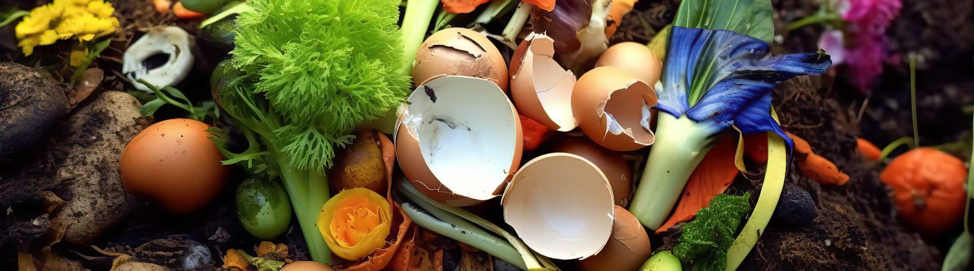 Photo zoomée de déchets que l'on retrouve dans un compost comme des œufs, des épluchures de légumes ou encore des fleurs