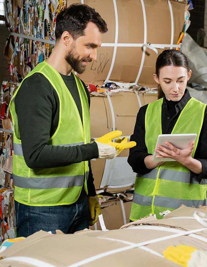 Photo deux deux agents qui vérifient le compactage des déchets avant leur départ en recyclerie