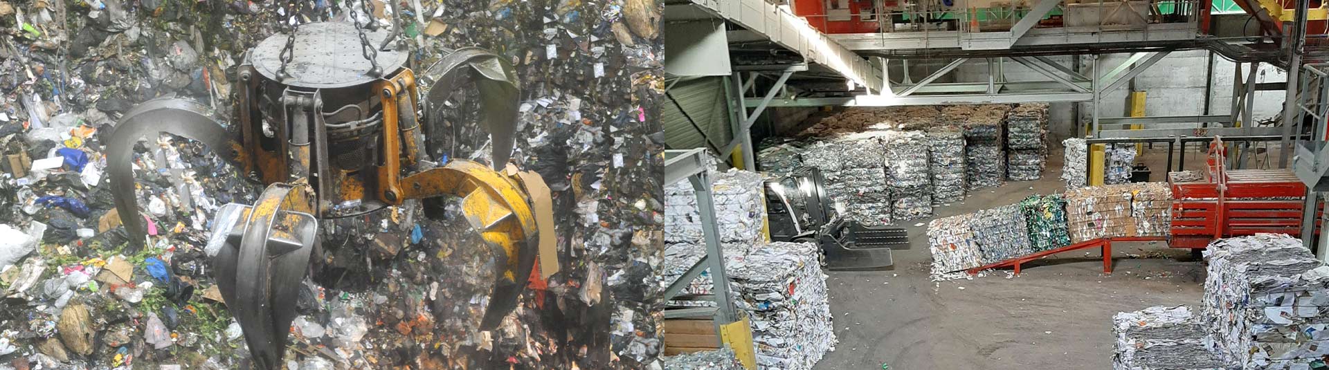 Bandeau avec deux photos : à gauche le grappin présent au centre de valorisation énergétique Azalys et à gauche l'espace dans le centre de valorisation matière Cyrène où les déchets sont compactés sous forme de balles