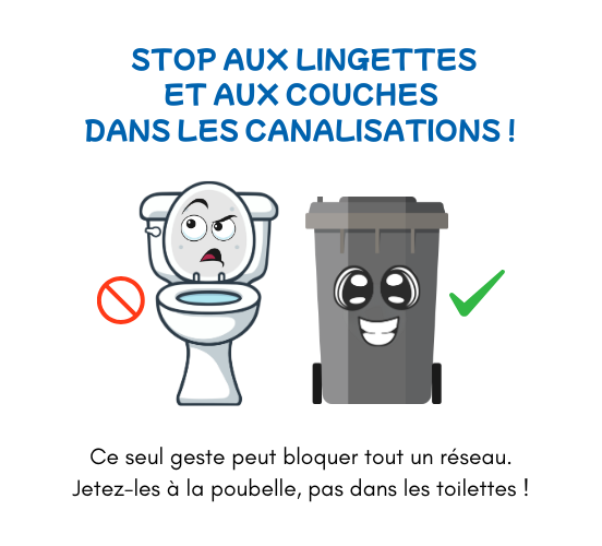 Stop aux lingettes et aux couches dans les canalisations ! Ce seul geste peut bloquer tout un réseau. Jetez-les à la poubelle, pas dans les toilettes ! Photo d'un WC avec un regard interrogateur à gauche accompagné d'un signe interdiction et à droite d'une poubelle avec un sourire et un symbole vert qui valide