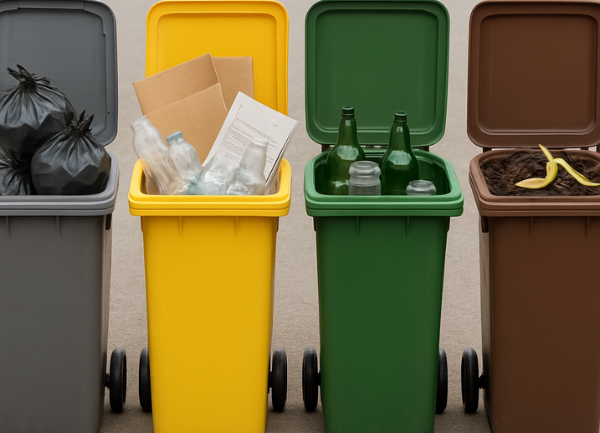 Image avec quatre bacs de tri alignés avec leur couvercle ouvert : un bac gris contenant des sacs poubelle noirs d'ordures ménagères, un bac jaune rempli de cartons et de bouteilles en plastique, un bac vert avec des bouteilles et bocaux en verre, et un bac marron contenant des déchets alimentaires comme une pelure de banane.